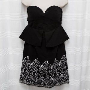 Strapless, Peplum Black & White Cotton Embroidered Botanical Dress